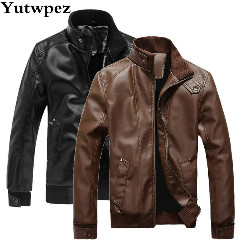 

2019 Fashion Autumn Leather Bomber Jacket Men Plus Size 3XL Black Brown Mens Stand Collar Coats Streewear Leather Biker Jackets