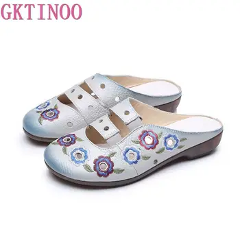 

GKTINOO Summer Women Slippers Embroidery Cut-Outs Genuine Leather Women Sandals Slides Flat Comfortable Shoes Woman