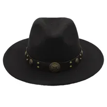 Женская Мужская шерстяная черная фетровая шляпа-федора с широкими полями, чародейка, Джазовый церковный крестный ремень в стиле стимпанк, джазовая Кепка, размер 56-58 см