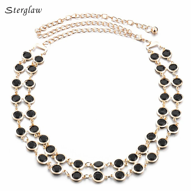 

New Metal Double row black rhinestone belt Women 2019 high quality luxury chain waist belts ladies dresses ceinture femme F021
