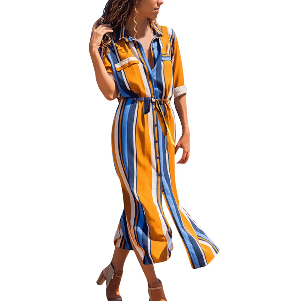 

Spring Summer Dress Women Ladies Vertical Printing Tie Waist Long Sleeve Long Shirt Dresses Vestidos