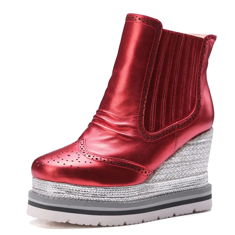 Женские свадебные туфли-лодочки из коровьей кожи на высоком каблуке без застежки; Туфли-оксфорды на высокой танкетке; повседневная обувь; обувь на толстой подошве в стиле панк - Цвет: red2