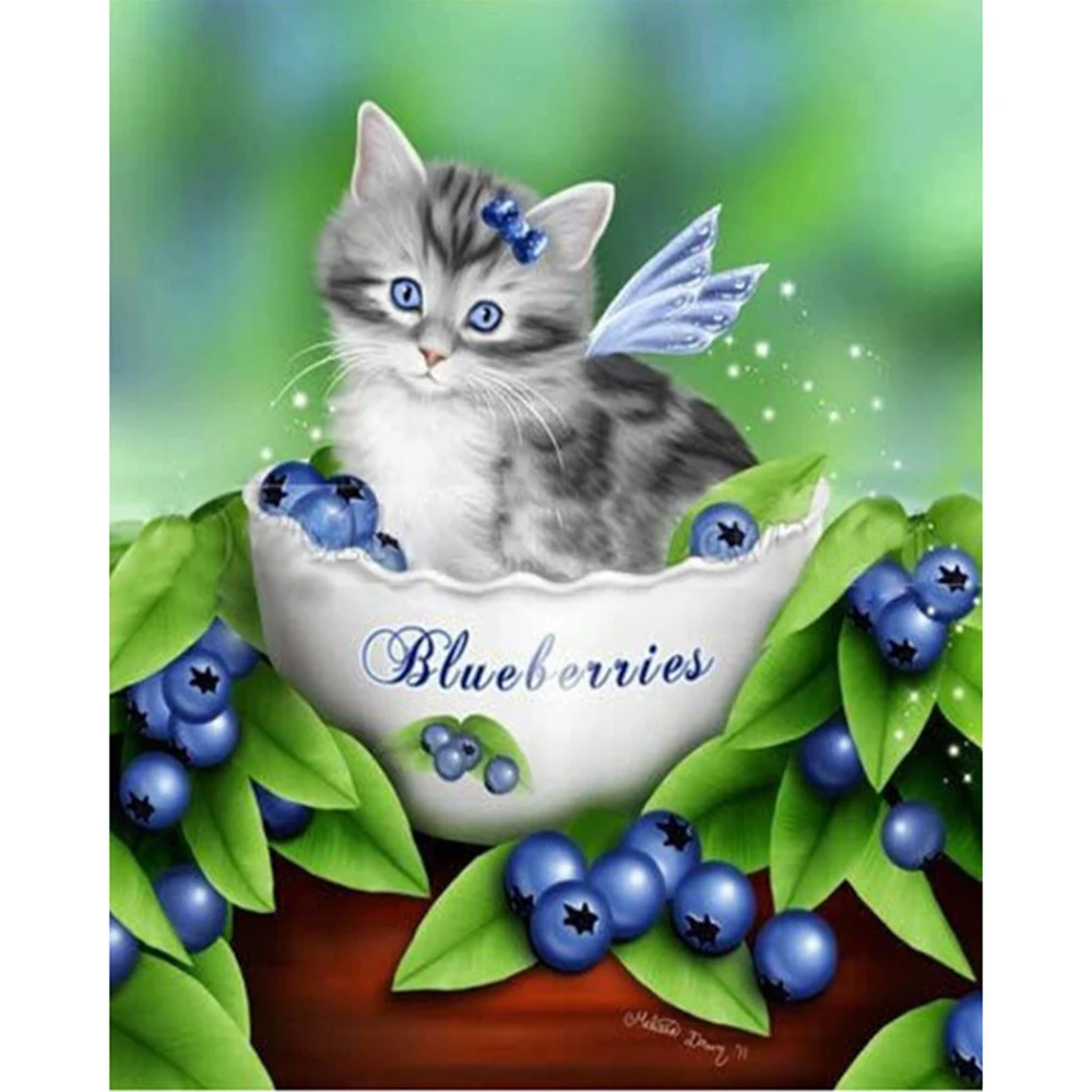 

Cross Stitch Kit DIY Diamond Embroidery Cat and blueberries Full Square/round Diamond Painting Mosaic Home Decor