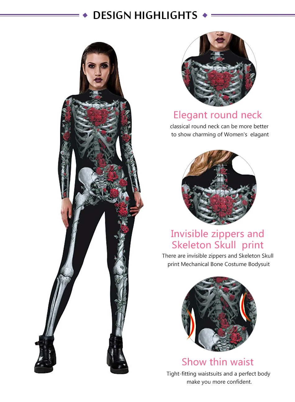 NADANBAO костюмы на Хэллоуин для женщин Цветочный механический костюм с изображением костей страшная роза Скелет Череп размера плюс комбинезон