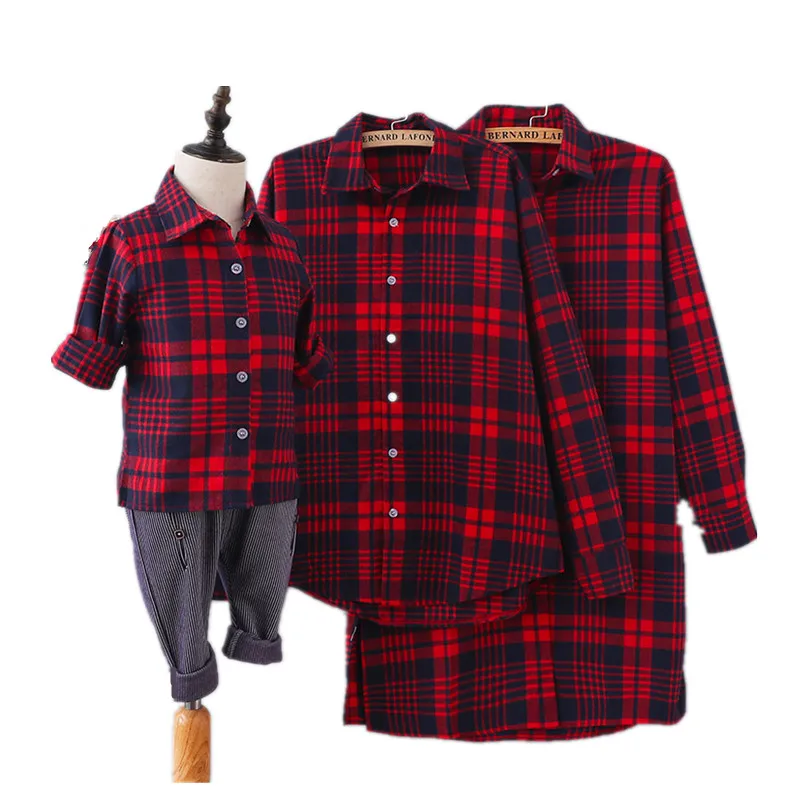 

Mother & Kids Matches Outfits Family Look Long Sleeve Plaid Shirts Mother Daughter Dress Dad Son T Shirts Family Set H0207