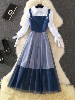 

2019 Spring Garment Women's Band Fashion Long White Blouse Shirt + Denim Gauze Dress Sets Casual Two Pieces Sets