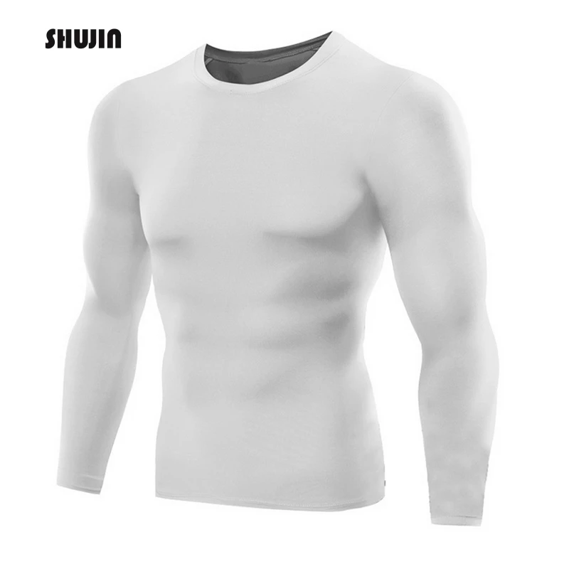 

SHUJIN 2019 Spring Autumn Men's Solid Color Long Sleeve Compression Shirts Crew Neck Sports Tight Pullover Casual T-Shirt