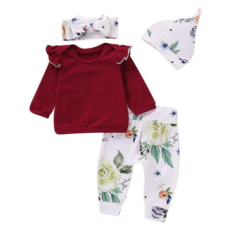 

Fashion Baby Girl Clothes Set Floral Pattern Outfits Sets 4Pcs Infant Cotton Long Sleeve T-shirt Trousers Headband Hats