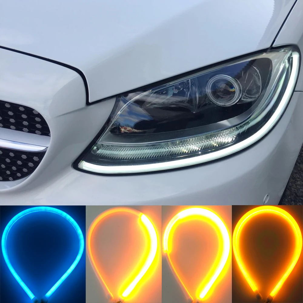 

2Pcs 60cm Car Flexible Sequential Strip LED Ice Blue Yellow Flowing Turn Signal Light Angel Eye DRL Strip Lamp Headlight