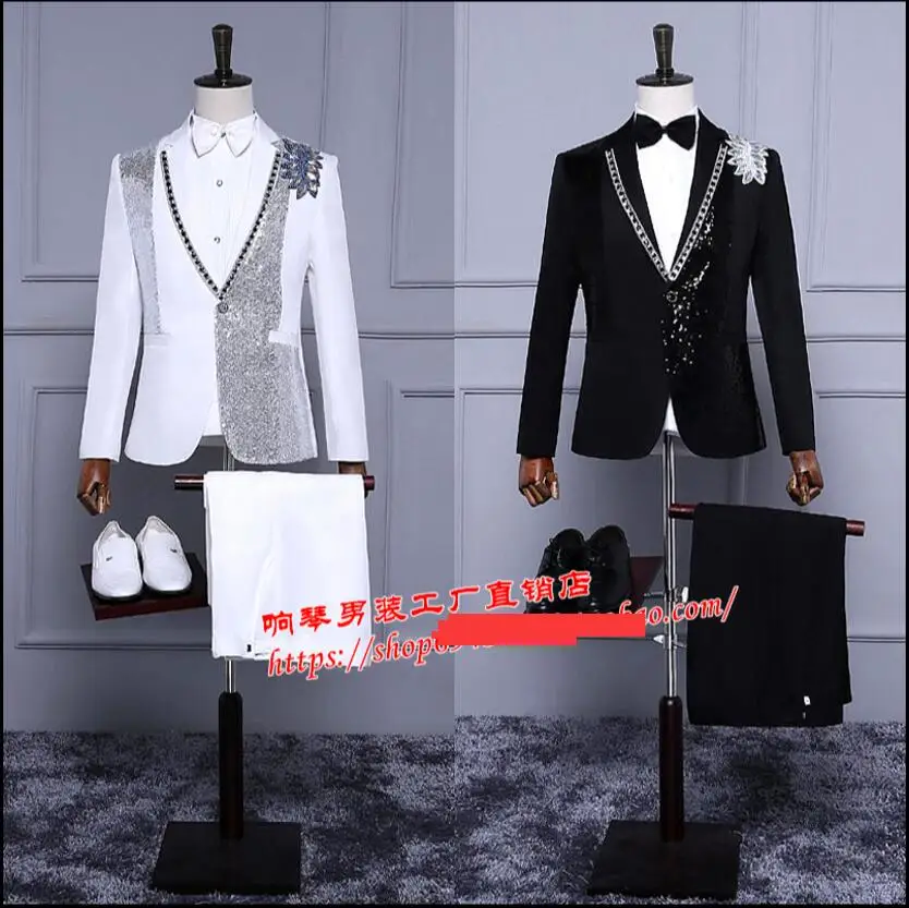 

2017 New men's clothing performance wear formal dress black and white dance bling suit jacket plus size stage singer costumes