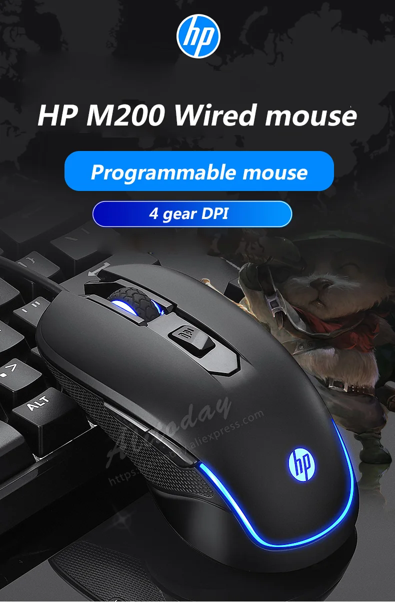 Hp M200 проводной оптический usb 2400 точек/дюйм, проводная мыши игровая мышь светящиеся Мышь отключения звука