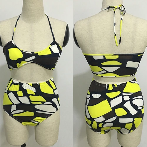 

Women Summer Two Piece Color Block Swimwear Sexy Halter Top High Waist Bikini Set Swimsuit