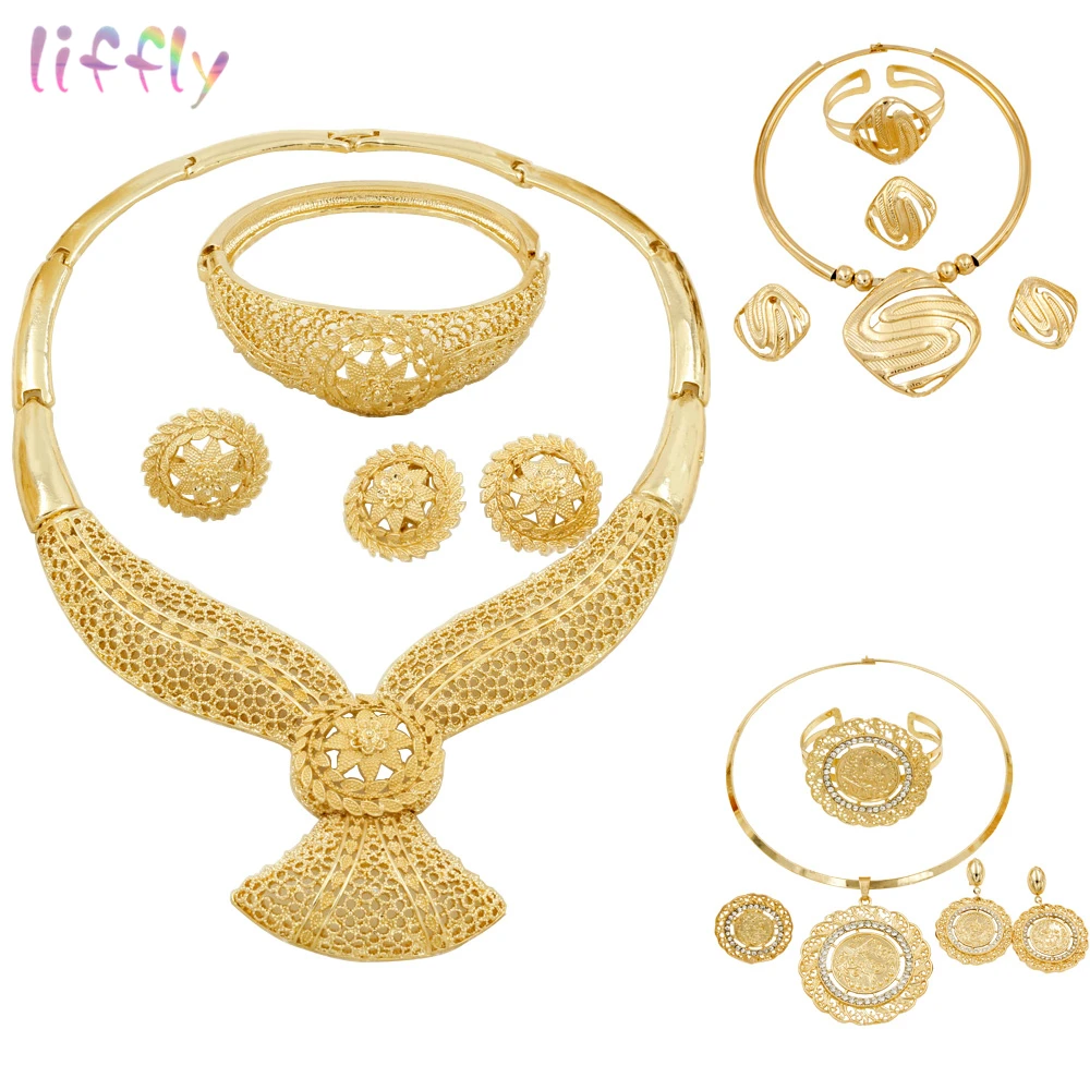 

Liffly Fashion African Beads Jewelry Set Women Wedding Jewelry Gold Necklace Earrings Ring Bracelet Nigerian Jewelry Accessories