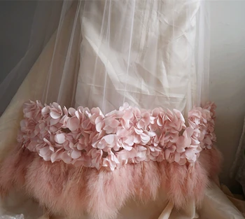 

1 yard pink beautiful bridal lace fabric with 3D floral and feathers, dark red 3D floral fabric for costumes accessories