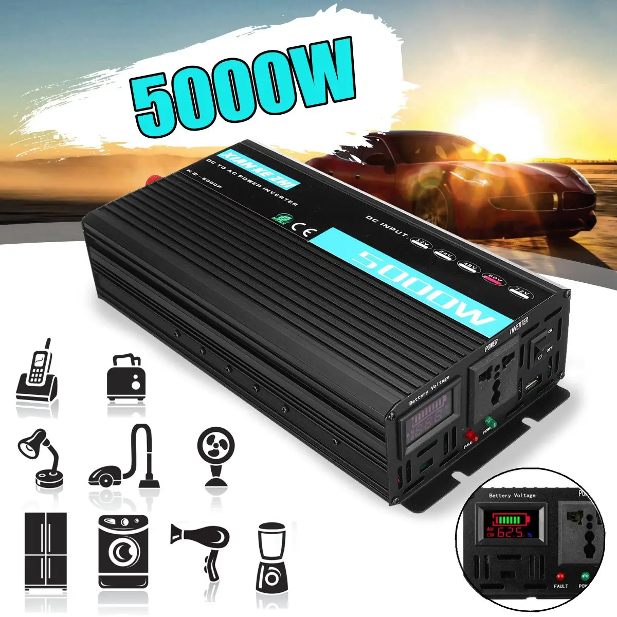 

Peaks 5000W Modified Sine Wave Power Inverter 12/24/48/60V TO 220V Voltage Convertor Transformer LED Display