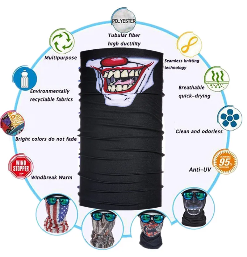 mens infinity scarf Clown Design Magic Headband Death Knight Pirate Scarf Skull Skeleton Ghost Ski Cycling Headwear Headband Motorcycle Neck Bandana head scarves for men