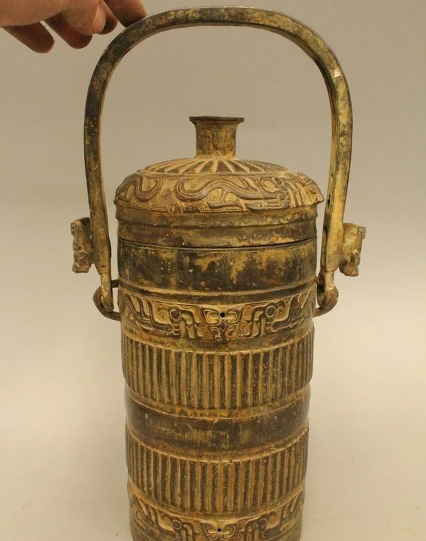 

12"Ancient Chinese Dynasty Palace Bronze Beast Pot Zun Bottle Vase Box Statue
