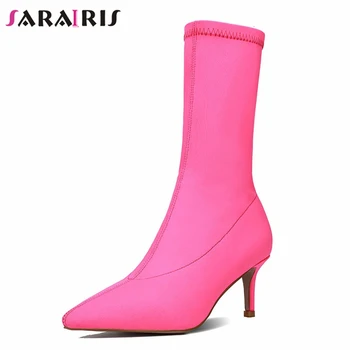 

SARAIRIS brand new big size 35-41 lycra pointed toe lades high heels shoes woman casual party sexy autumn winter ankle boots