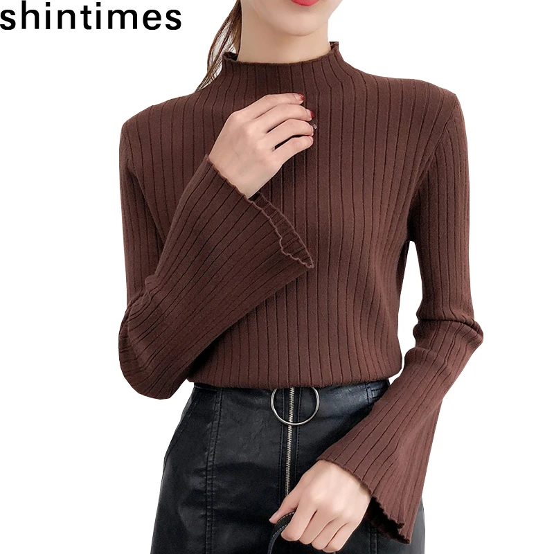 

2019 Autumn Winter Women Pullovers Sweater Knitted Elasticity Casual Fashion Slim Turtleneck Female Sweaters Flare Sleeve Tops