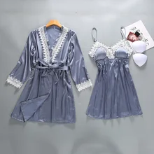 Новое поступление женские 2 шт Шелковый атласная ночная рубашка с халатом Sexy цветочные Ночная рубашка на бретелях и халат Повседневное комплект женских халатов для Для женщин