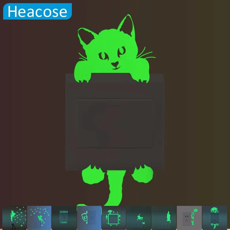 10 styles Luminous DIY Cute home Cat Switch Wall Sticker Night light bedroom Fluorescent Sticker mural wall decals poster