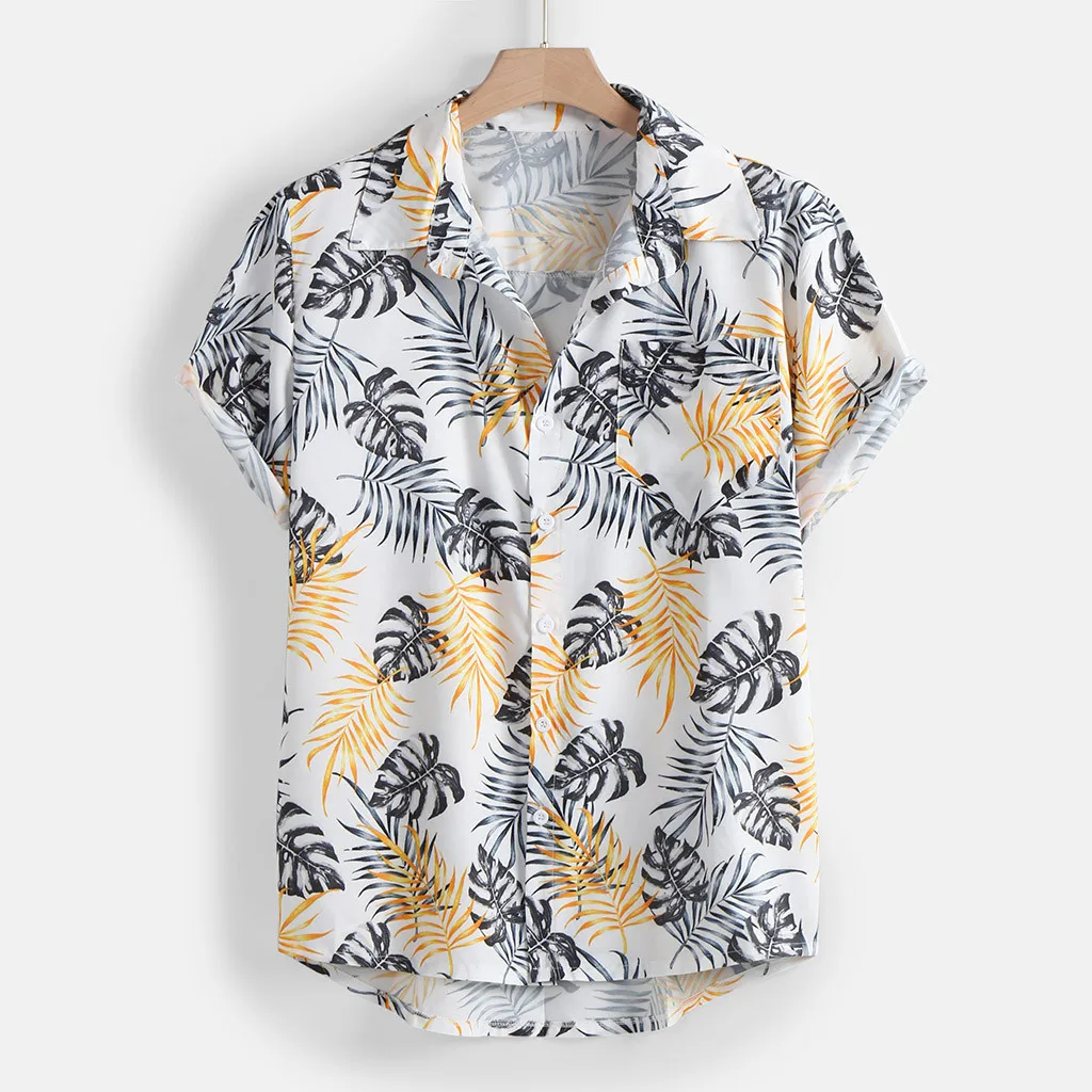 Мужская рубашка Camisa рубашка с коротким рукавом мужская рубашка уличная стойка воротник полоса Гавайская печать блузка Топ Camisa masculina