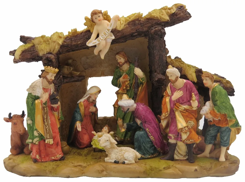 

Hankroi Ornate Religious Christmas Nativity Statue Baby Jesus was born Scene Resin Sculpture Hand Painted Tabletop figurine 13"