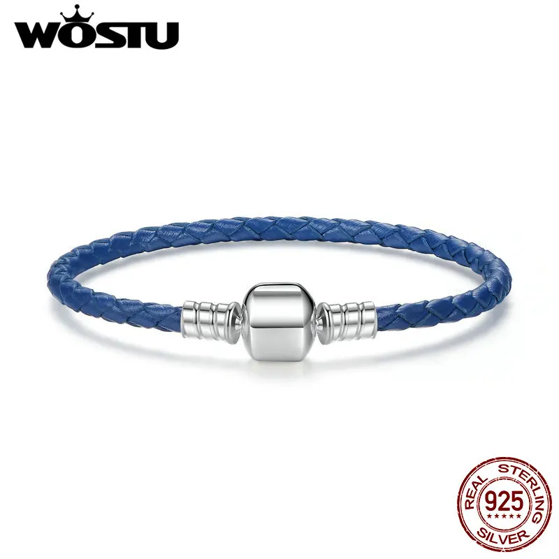 

Genuine 100% 925 Sterling Silver & Blue Leather Chain Charm Fit Pan Bracelet For Women Men Original Fine Jewelry