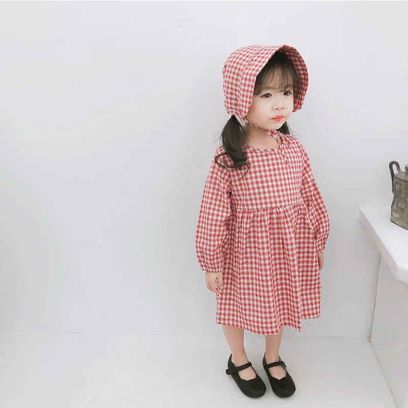 

Spring 2019 baby girls long sleeve plaid casual dresses with cap Korean style 100% cotton kids cute princess dress clothes