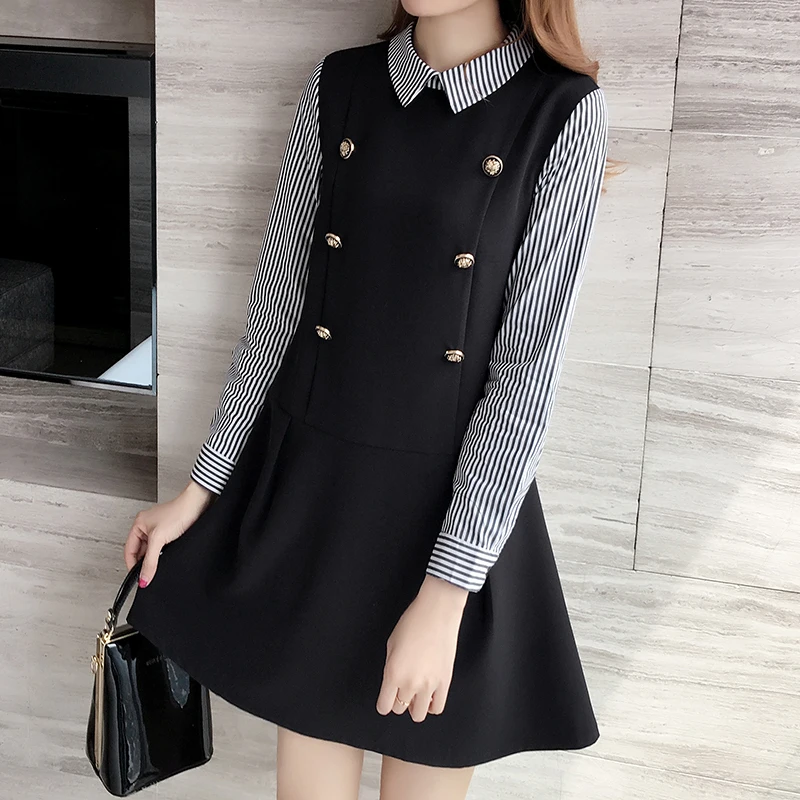 

5XL 4XL 3XL Plus size Women Clothing 2019 Autumn Winter Korean Peter pan Collar Striped Long sleeve Patchwork Zipper Big Dress