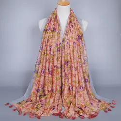 Женские с мелким цветочным рисунком кисточки шарф популярные модные вискоза осень платки оголовье мусульманский хиджаб шарфы/пашмины 5