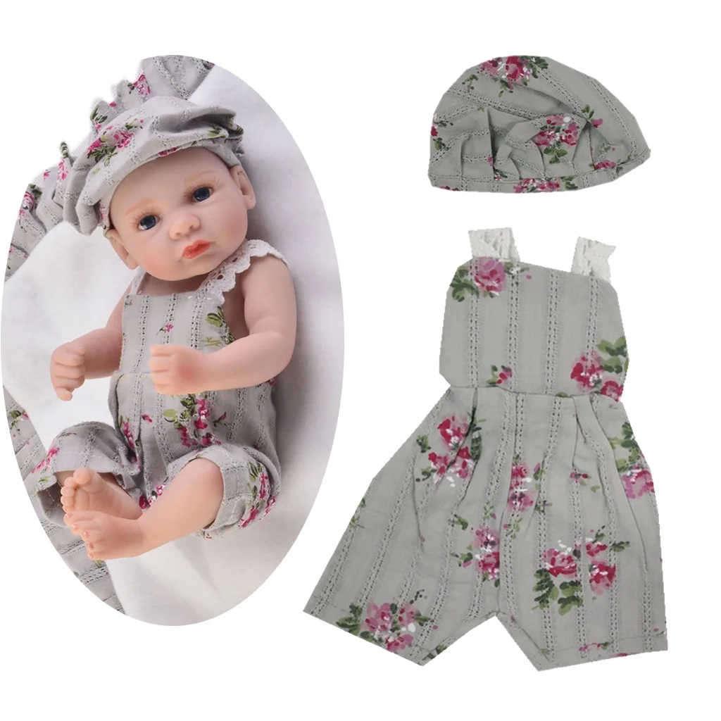 3 Pieces Comfortable Cotton Clothes Newborn Baby Rompers for 10-11inch Reborn Baby Girl Boy Doll Lace Strap Overalls Hat Carpet