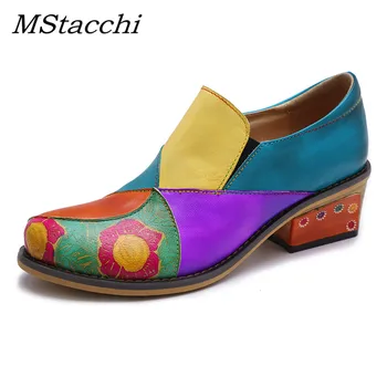 

MStacchi Classic Women Shoes Heels Zapatos Mujer Fretwork Flowers Printed Heels Single Shoes Women Genuine Leather Casual Shoes