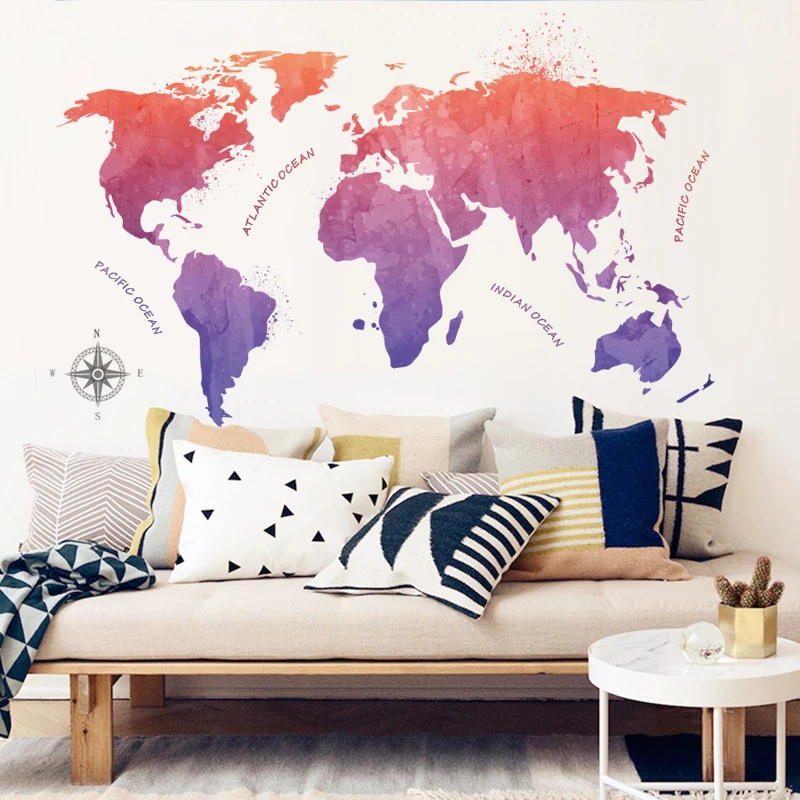 Карта мира, декоративные наклейки на стену для гостиной, спальни, украшения для офиса, школы, ПВХ