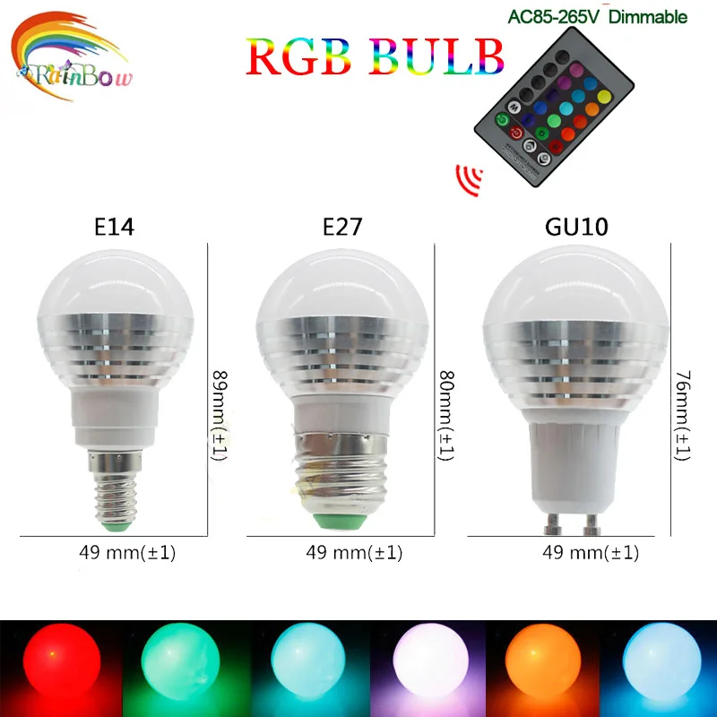 

E27 E14 GU10 LED RGB Bulb lamp AC110V 220V 5W Spotlight dimmable magic Holiday RGB lighting+IR Remote Control 16 colors