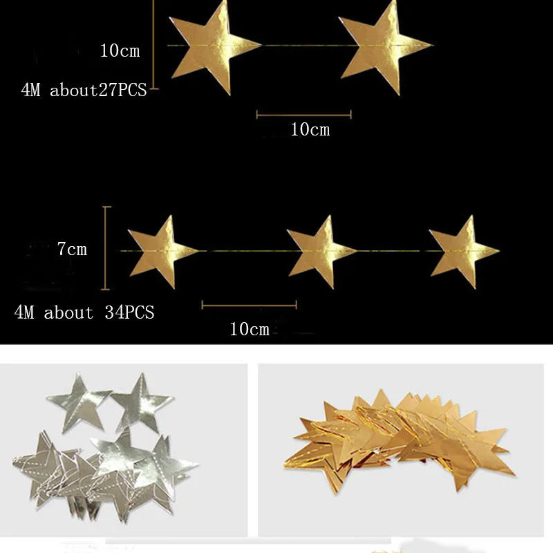 Золотые серебряные баннеры 4 м DIY гирлянда из блестящей бумаги висящая звезда 10 см струнные украшения занавески для свадебных вечеринок