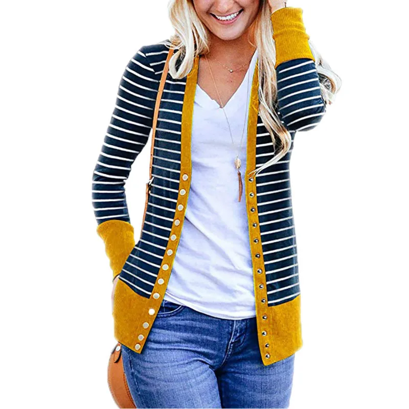 Achat Cardigan rayé femmes à manches longues col en V bouton tricoté Cardigan surdimensionné Mujer 2019 printemps automne femme manteau Kardigan jaune
