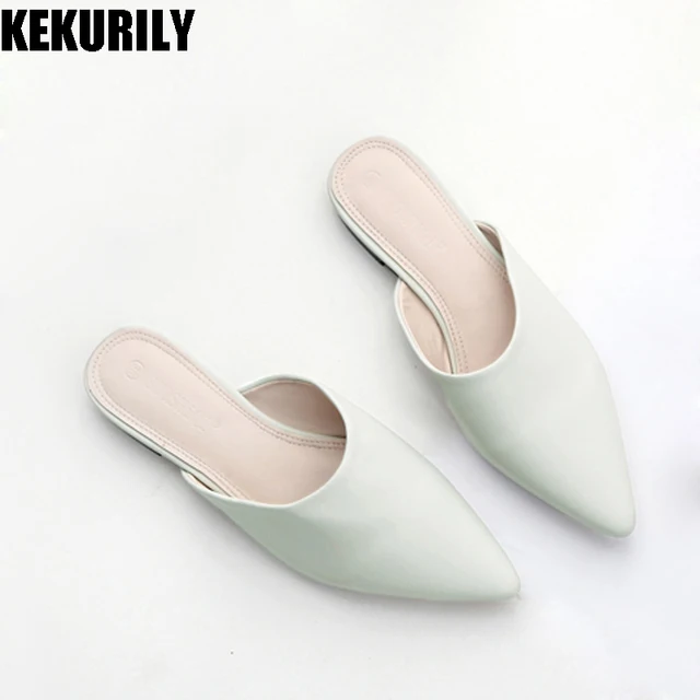 2018 Shoes Woman pointed toe slides low heels mules slippers ladies shallow mouth slip on sandals zapatos mujer black gray camel