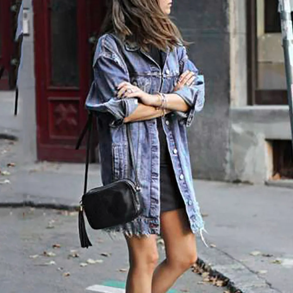 

Vintage Ripped Long Women denim jacket Ladies Casual Jacket Outwear Jeans Overcoat Long Sleeve Turn-down Collar jacket women