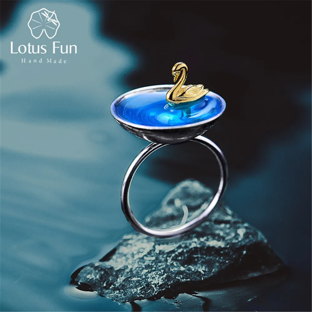 

Lotus Fun Real 925 Sterling Silver Natural Creative Handmade Designer Fine Jewelry Poetic Swan In The Sea Rings for Women Bijoux