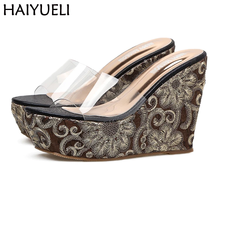 

Womens Wedge Platform Sandals Summer Style PVC Transparent High Heels Sandals Embroidered wedges Shoes Fashion Boho Shoes