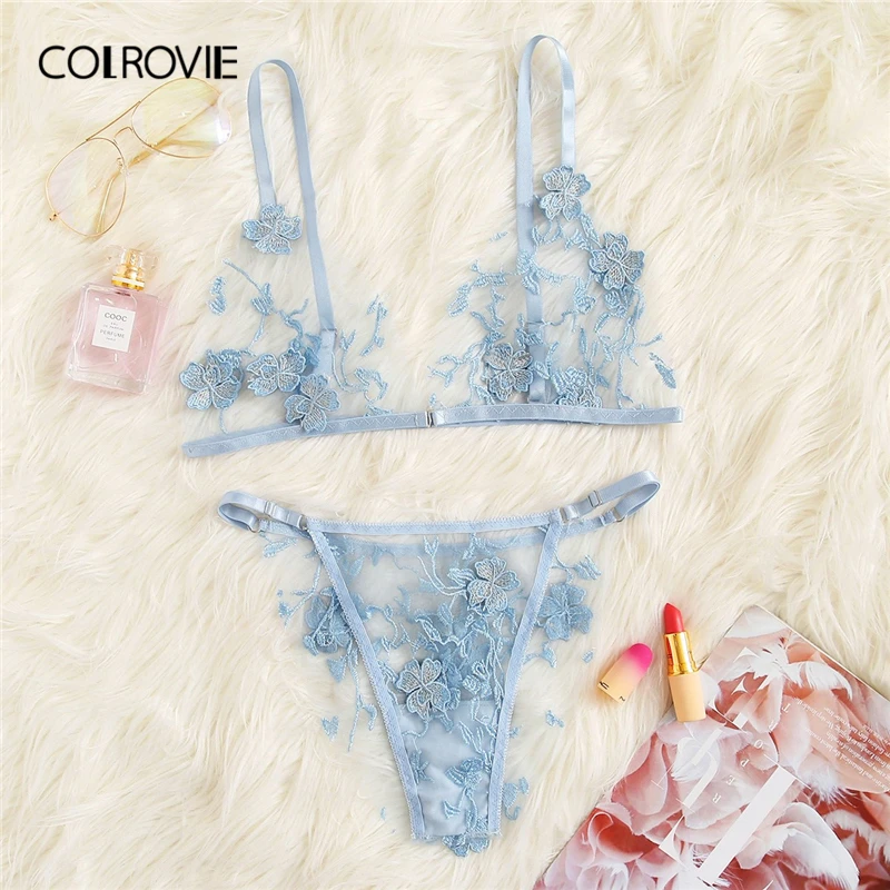

COLROVIE Blue Appliques Tanga Mesh Lingerie Set Women Intimates 2019 Sexy Wireless Bralettes And Briefs Underwear Bra Set