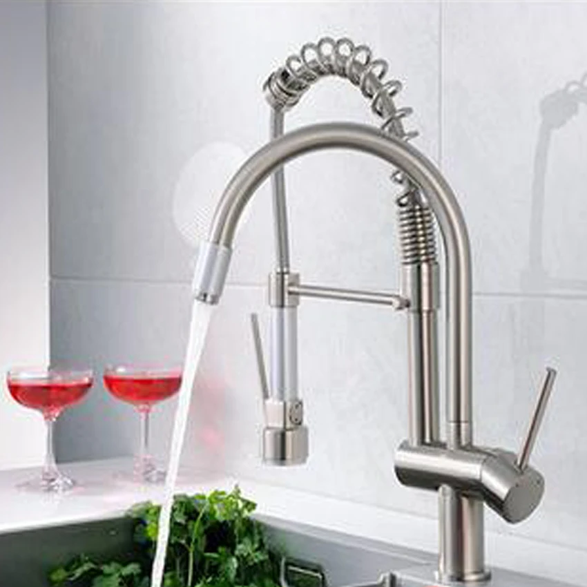 1PC High quality Dual Spout Kitchen Sink Faucet Deck Mount Spring Kitchen Mixer Tap Kitchen Hot