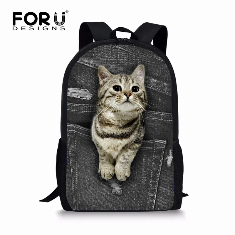 FORUDESIGNS/черные джинсовые дизайн с изображением животных; школьные рюкзаки для студентов, кошек и собак 3D печатных рюкзаки для мальчиков и девочек классный Детский рюкзак для книг, Mochila - Цвет: CC3319C