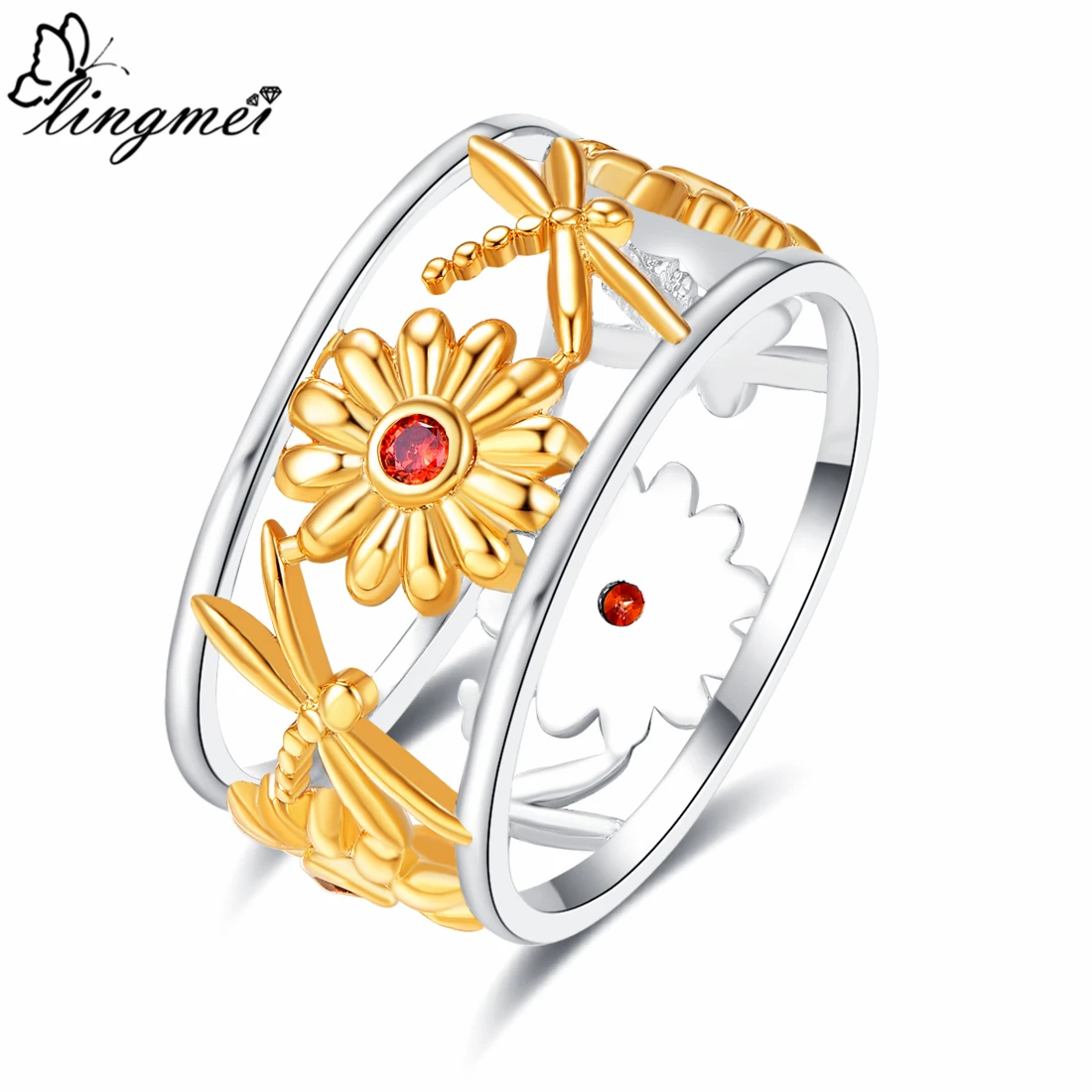 

lingmei Wedding Flower Exquisite Jewelry Bohemia Style Red Cubic Zircon Silver 925 Ring Size 6 7 8 9 Anniversary Gifts