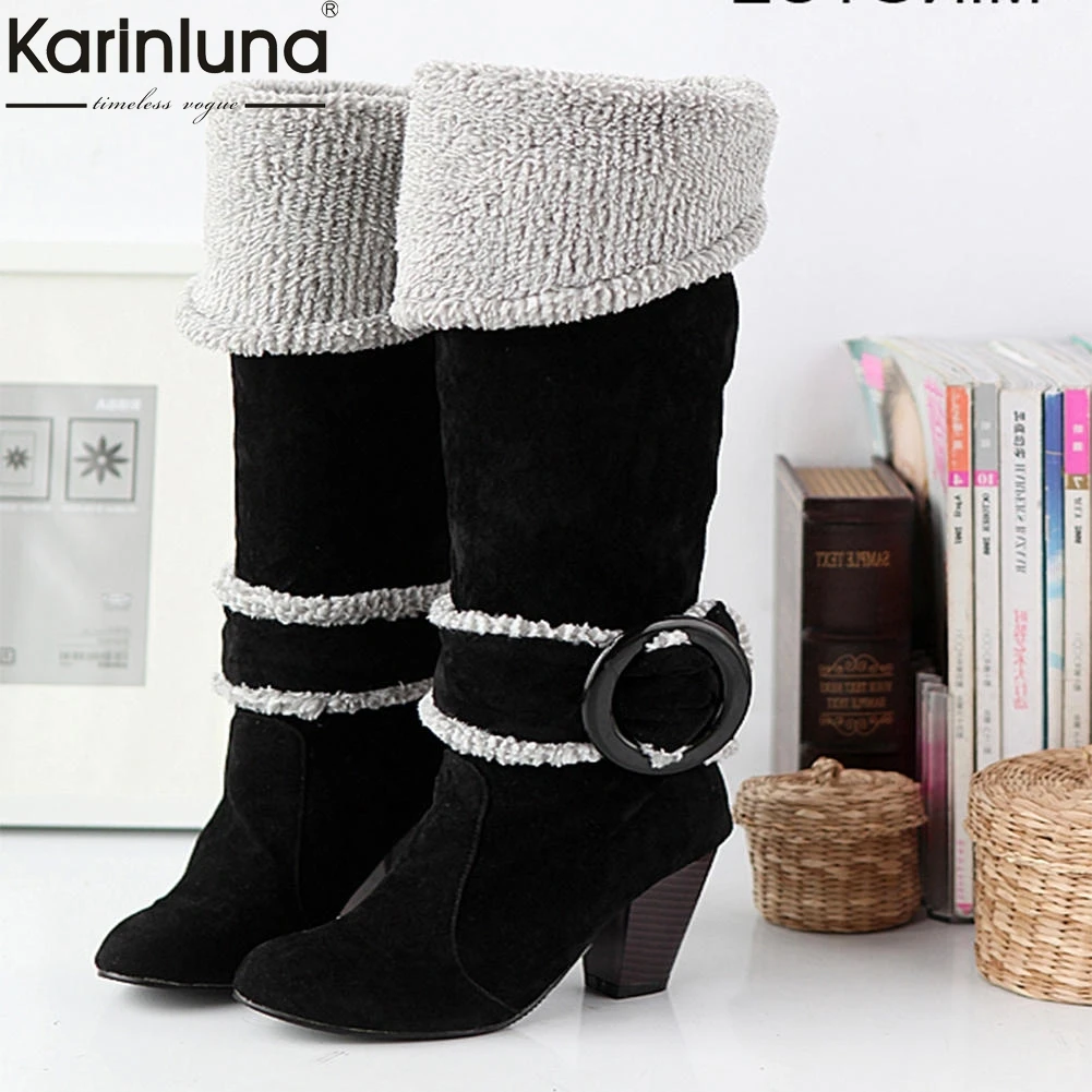Karinluna/ г. Большие размеры 33-43,, зимние плюшевые ботинки на высоком каблуке Женская обувь женские ботинки теплые вечерние женские ботинки без застежки - Цвет: Черный