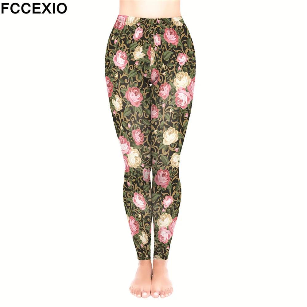 

FCCEXIO Female Workout Pants High Waist Fitness Leggings 2018 Vinyage VS Rose Print Leggins Women Gothic Leggings Slim Trousers
