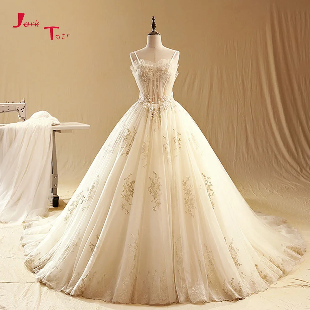 

Jark Tozr Custom Made Spaghetti Straps Lace Up Appliques Beading Pearls Illusion Ball Gown Wedding Dress Vestido De Novia