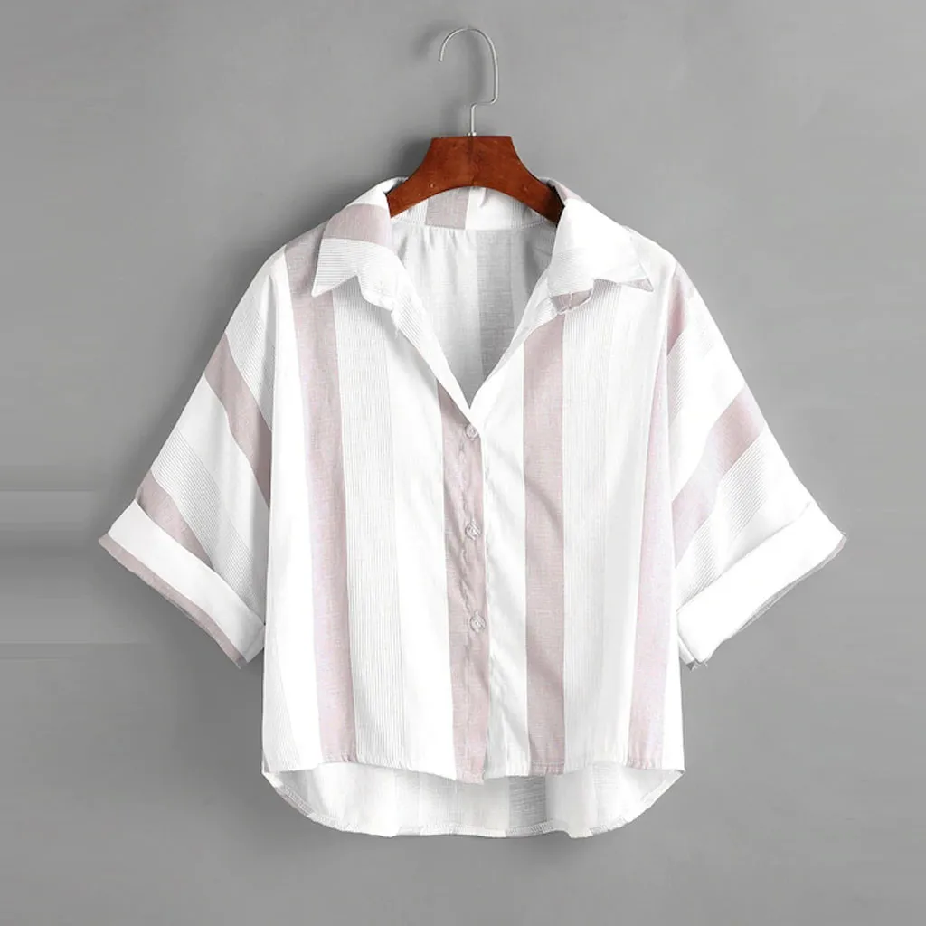

T Shirt Women Summer Tees Tops Cotton Linen Striped Short Sleeve Turn-down Collar Top Women Tshirt camisetas verano mujer