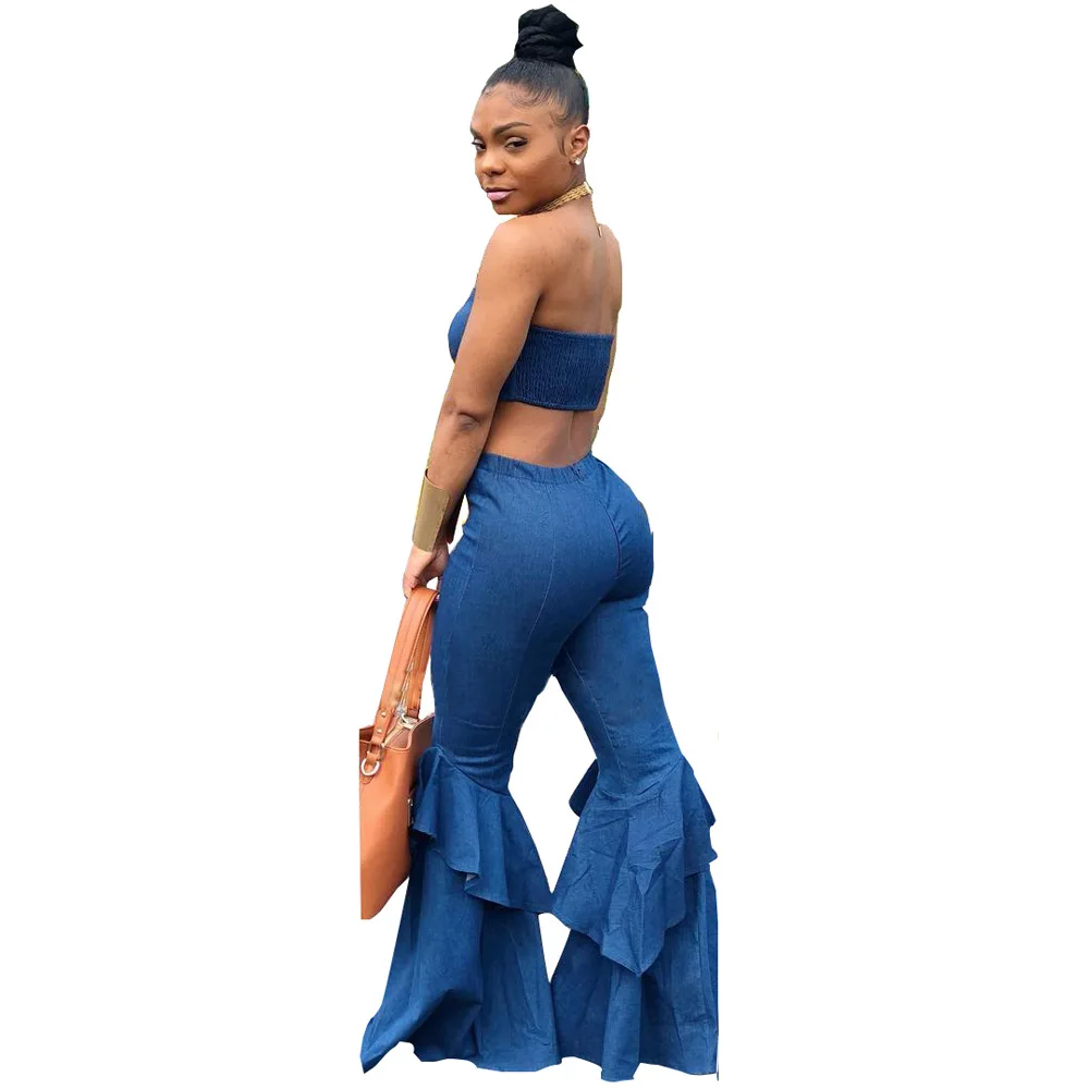 

Joiekuno Solid Denim Fashion Long Jumpsuits blusas mujer de moda 2019 Bodycon Strapless 2piece Women Set Los pantalones R6100